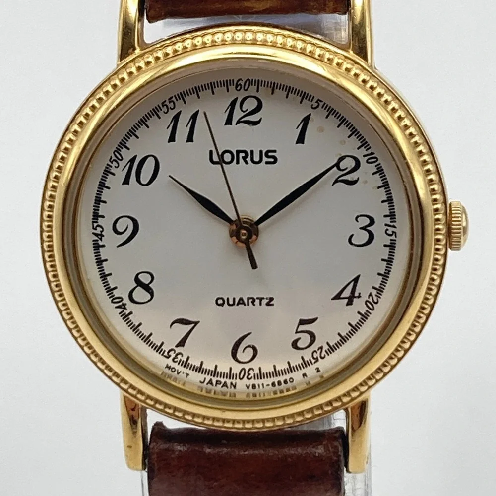 Vintage Lorus Women's Watch 24mm Gold Tone V811-1920 Brown Band New Battery 8.5
